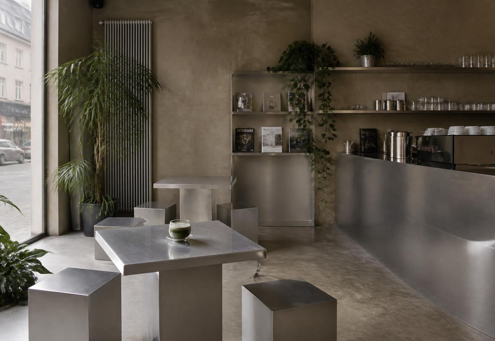 ORNO Café interior with brushed aluminum tables, concrete walls and plants